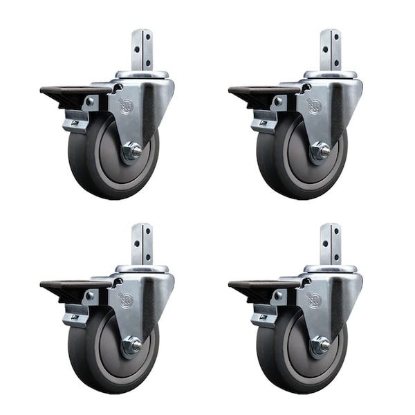 4'' Thermoplastic Rubber Swivel 3/4'' Square Stem Caster Set with Brake, 4PK